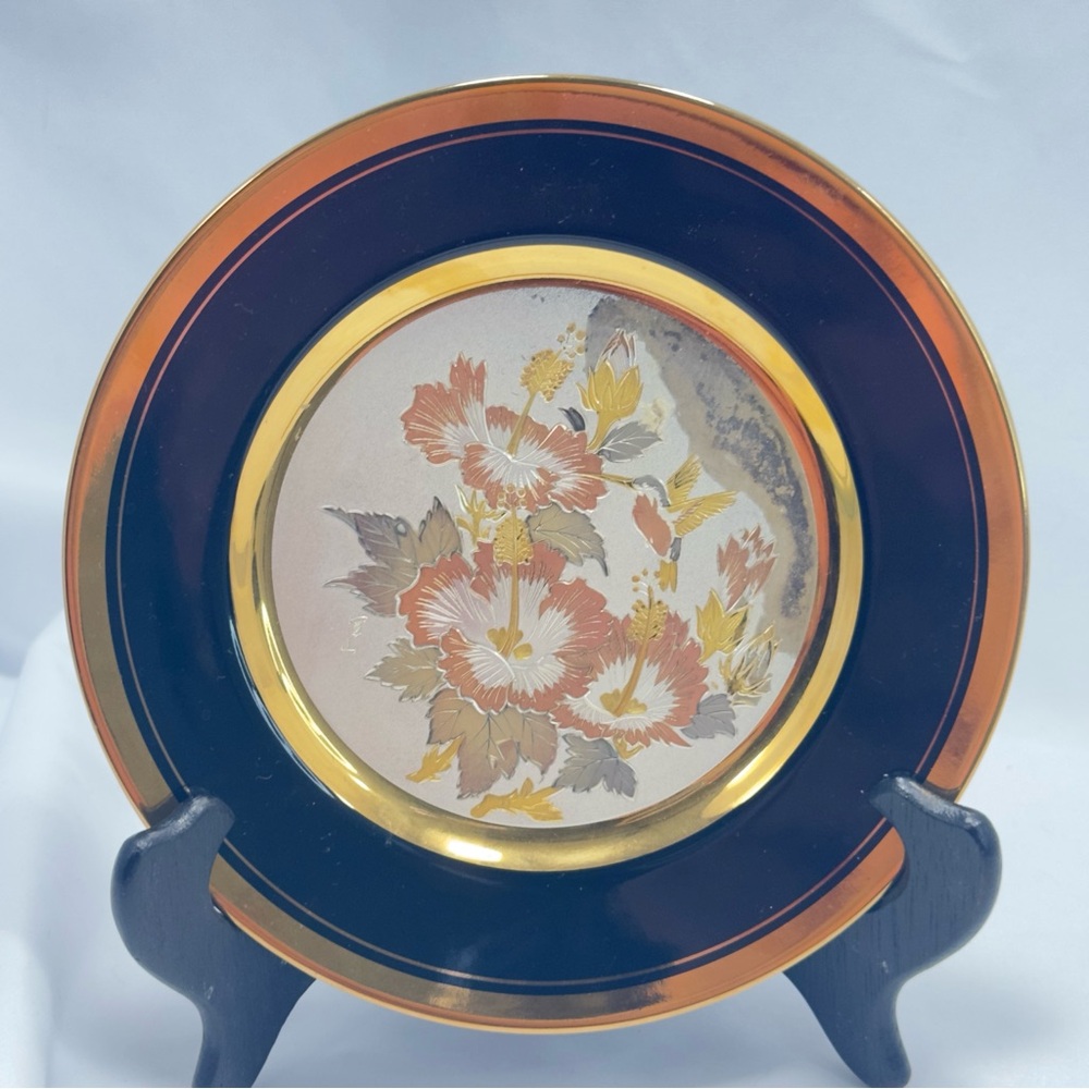 Vtg The Art of Chokin 24K Gold Rim Porcelain Plate 7.75" Black Hummingbird